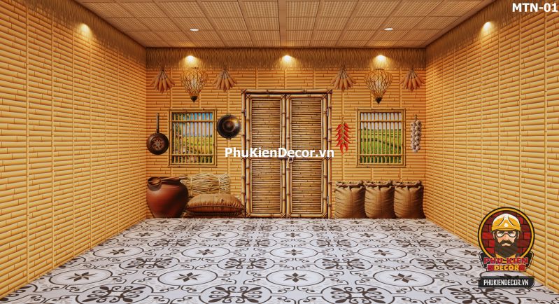 Trang trí quán ăn dân dã với tranh dán tường tre vàng Trang trí quán ăn dân dã với tranh dán tường tre vàng