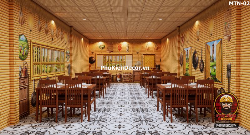 Tranh dán tường 3D tre vàng trang trí quán ăn, nhà hàng Tranh dán tường 3D tre vàng trang trí quán ăn, nhà hàng