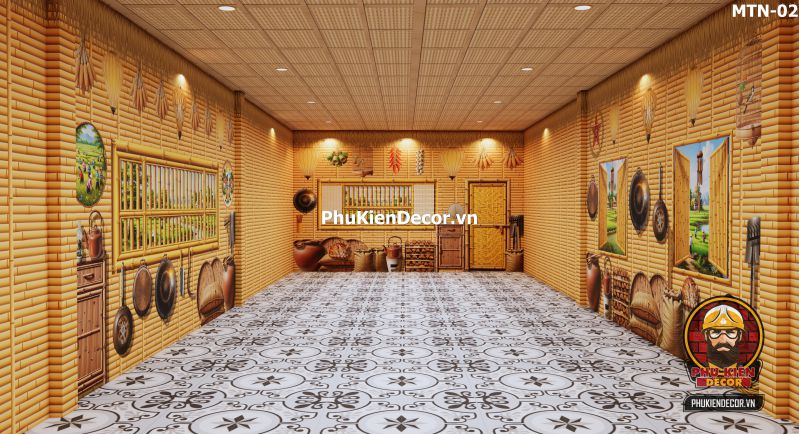 Tranh dán tường 3D tre vàng trang trí quán ăn, nhà hàng Tranh dán tường 3D tre vàng trang trí quán ăn, nhà hàng