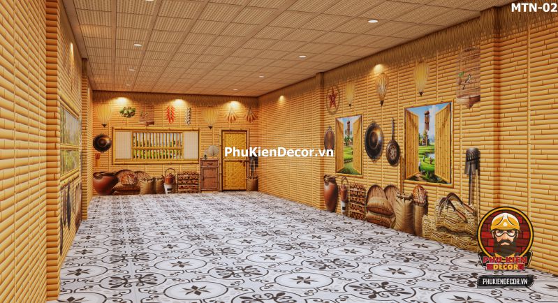 Tranh dán tường 3D tre vàng trang trí quán ăn, nhà hàng Tranh dán tường 3D tre vàng trang trí quán ăn, nhà hàng