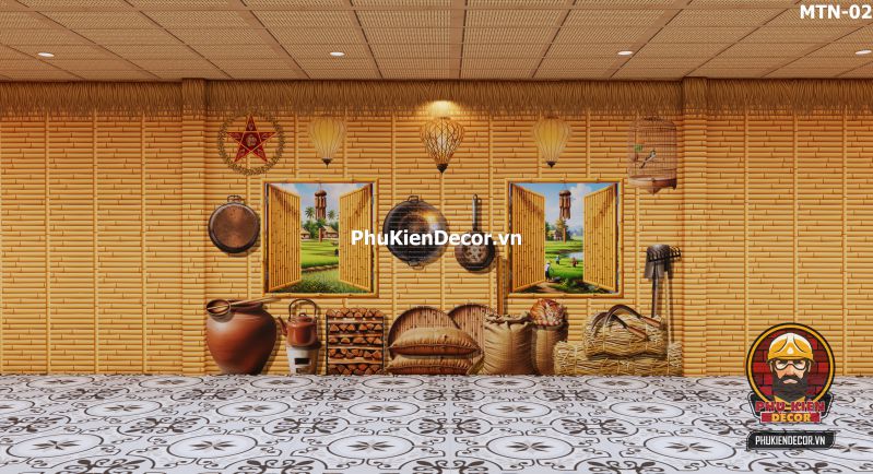 Tranh dán tường 3D tre vàng trang trí quán ăn, nhà hàng Tranh dán tường 3D tre vàng trang trí quán ăn, nhà hàng