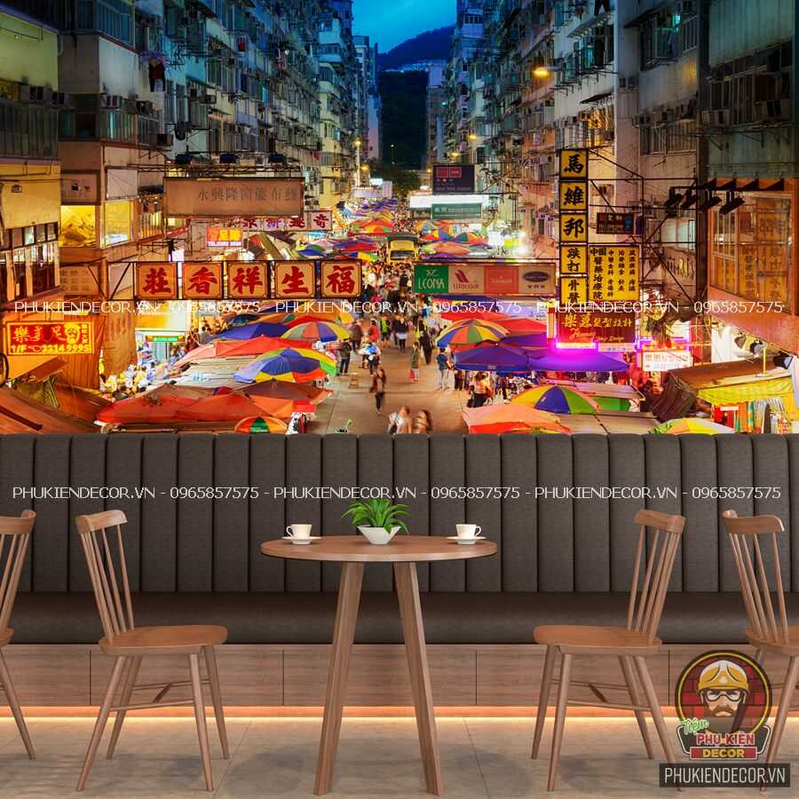 Giấy decal dán tường 3D chủ đề Đường Phố Hong Kong Giấy decal dán tường 3D chủ đề Đường Phố Hong Kong
