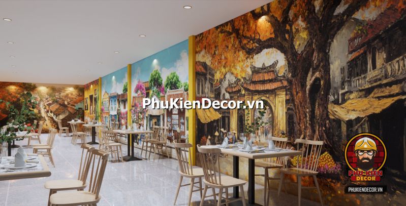Gợi ý cách decor quán phong cách Hà Nội Không gian decor đậm chất Hà Nội với quạt nan, cửa gỗ sơn xanh cũ kỹ và tranh phố cổ treo tường.