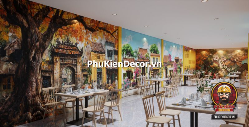 Gợi ý cách decor quán phong cách Hà Nội Không gian decor đậm chất Hà Nội với quạt nan, cửa gỗ sơn xanh cũ kỹ và tranh phố cổ treo tường.