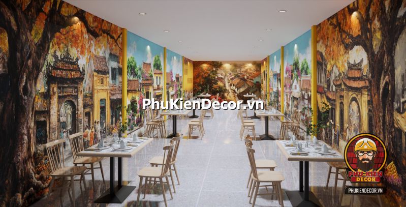 Gợi ý cách decor quán phong cách Hà Nội Không gian decor đậm chất Hà Nội với quạt nan, cửa gỗ sơn xanh cũ kỹ và tranh phố cổ treo tường.