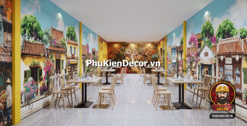 Gợi ý cách decor quán phong cách Hà Nội Không gian decor đậm chất Hà Nội với quạt nan, cửa gỗ sơn xanh cũ kỹ và tranh phố cổ treo tường.