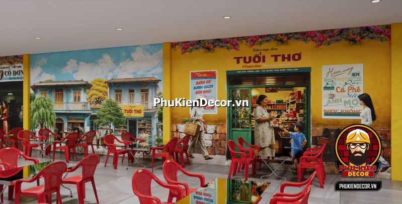 Thiết kế quán ăn chủ đề Sài Gòn Tranh vẽ cuộc sống Sài Gòn xưa với những tiệm ăn đơn giản, quầy hàng rong và những chiếc xe lam đặc trưng.