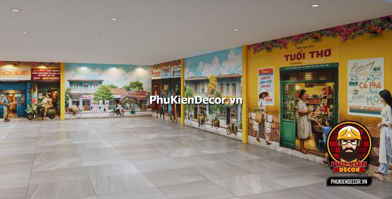 Ý tưởng thiết kế cho quán ăn Sài Gòn thời bao cấp Tranh vẽ cuộc sống Sài Gòn xưa với những tiệm ăn đơn giản, quầy hàng rong và những chiếc xe lam đặc trưng.