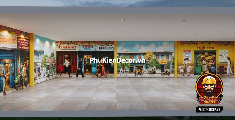 Thiết kế quán ăn chủ đề Sài Gòn Tranh vẽ cuộc sống Sài Gòn xưa với những tiệm ăn đơn giản, quầy hàng rong và những chiếc xe lam đặc trưng.