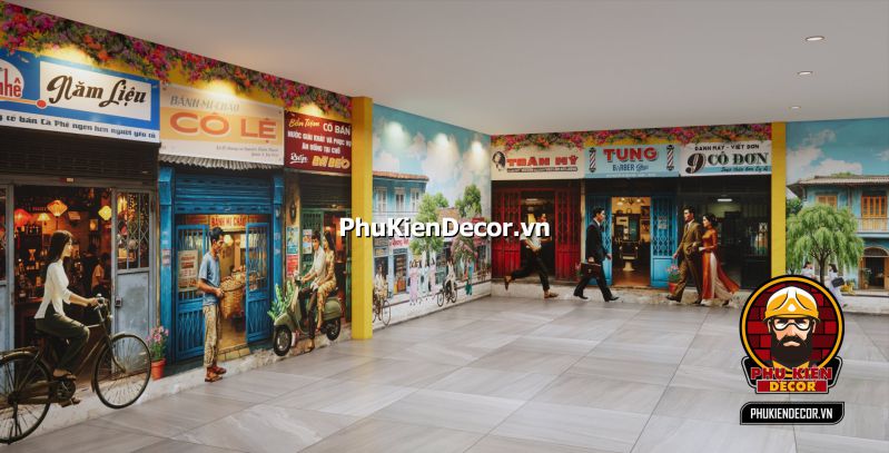 Trang tí quán Sài Gòn xưa Trang trí quán ăn phong cách Sài Gòn xưa với các yếu tố như tranh dán tường, ánh sáng vàng và bàn ghế gỗ.