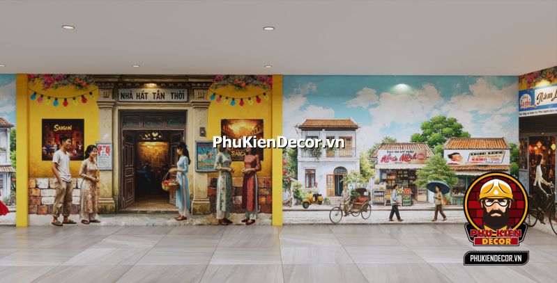 Trang trí quán Sài Gòn xưa Trang trí quán ăn phong cách Sài Gòn xưa với các yếu tố như tranh dán tường, ánh sáng vàng và bàn ghế gỗ.