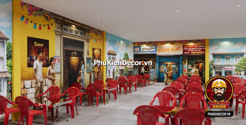 Thiết kế quán chủ đề Sài Gòn Tranh vẽ cuộc sống Sài Gòn xưa với những tiệm ăn đơn giản, quầy hàng rong và những chiếc xe lam đặc trưng.