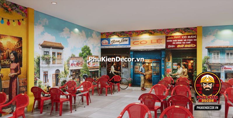 Trang trí quán Sài Gòn xưa Trang trí quán ăn phong cách Sài Gòn xưa với các yếu tố như tranh dán tường, ánh sáng vàng và bàn ghế gỗ.
