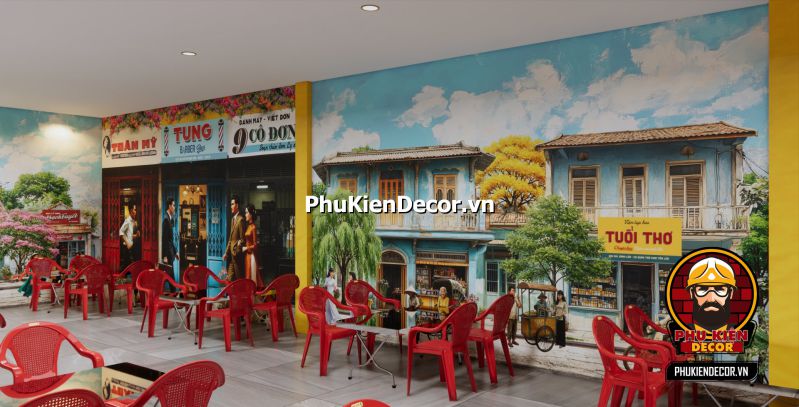 Trang trí quán Sài Gòn xưa Trang trí quán ăn phong cách Sài Gòn xưa với các yếu tố như tranh dán tường, ánh sáng vàng và bàn ghế gỗ.