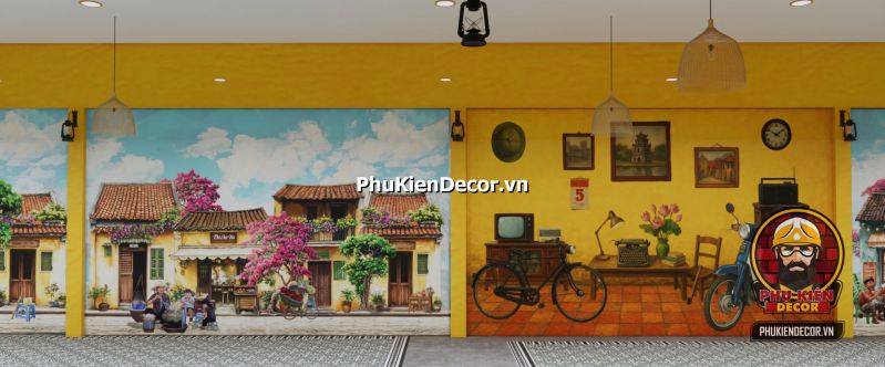 Hướng dẫn thiết kế quán ăn vị Bắc Không gian tổng thể của quán ăn Hà Nội xưa với bàn ghế gỗ cũ, tranh tường và quạt trần sắt cổ.