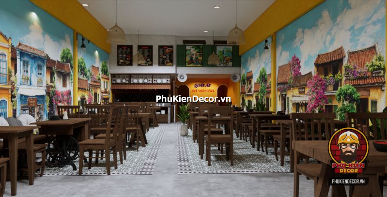 Hướng dẫn thiết kế quán ăn vị Bắc Không gian tổng thể của quán ăn Hà Nội xưa với bàn ghế gỗ cũ, tranh tường và quạt trần sắt cổ.