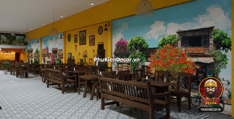 Hướng dẫn thiết kế quán ăn vị Bắc Không gian tổng thể của quán ăn Hà Nội xưa với bàn ghế gỗ cũ, tranh tường và quạt trần sắt cổ.