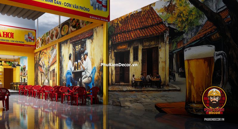 Hướng dẫn trang trí quán bia hơi Hà Nội Phong cách Bắc Bộ thể hiện qua không gian quán ăn với chum nước, liễn câu đối và ánh sáng ấm cổ điển.