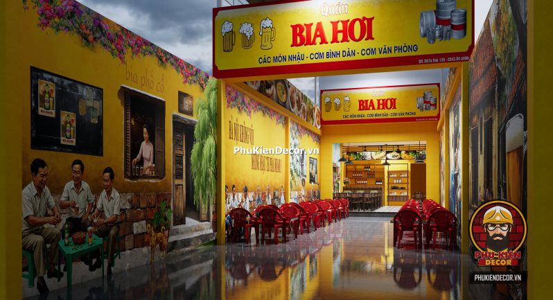 Hướng dẫn trang trí quán bia hơi Hà Nội Phong cách Bắc Bộ thể hiện qua không gian quán ăn với chum nước, liễn câu đối và ánh sáng ấm cổ điển.