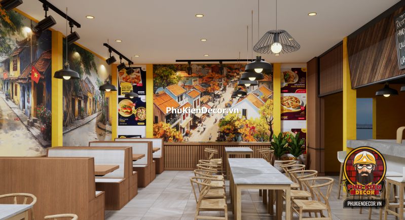 Hướng dẫn trang trí quán bún đậu mắm tôm Hà Nội Thiết kế nội thất quán ăn miền Bắc với vật liệu mộc mạc, bức tranh cổ và ánh sáng vàng nhẹ.