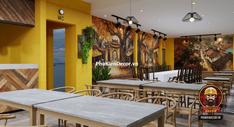 Hướng dẫn trang trí quán bún đậu mắm tôm Hà Nội Thiết kế nội thất quán ăn miền Bắc với vật liệu mộc mạc, bức tranh cổ và ánh sáng vàng nhẹ.