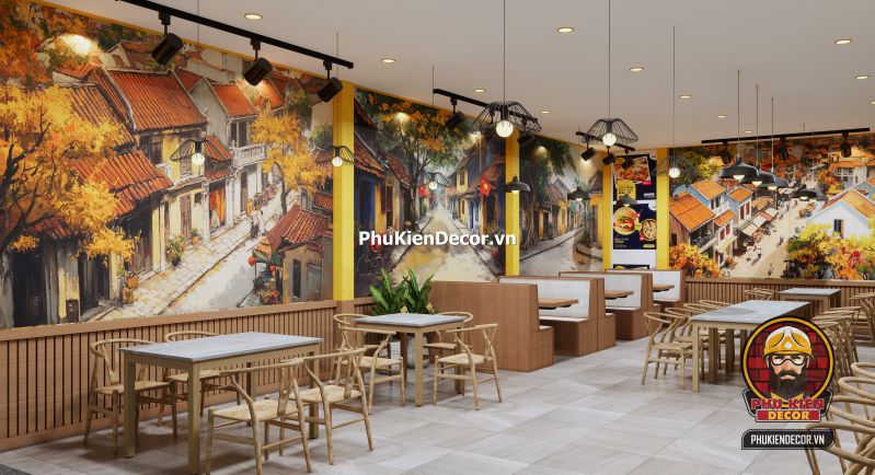 Hướng dẫn trang trí quán bún đậu mắm tôm Hà Nội Thiết kế nội thất quán ăn miền Bắc với vật liệu mộc mạc, bức tranh cổ và ánh sáng vàng nhẹ.
