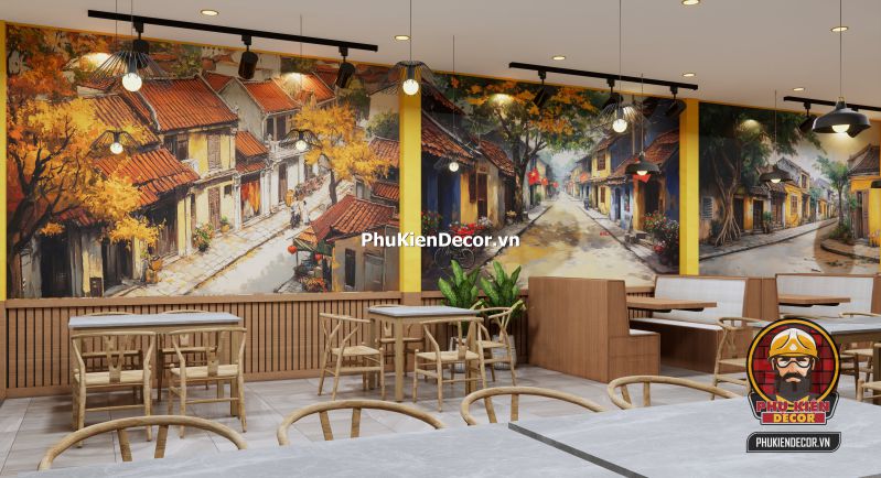 Hướng dẫn trang trí quán bún đậu mắm tôm Hà Nội Thiết kế nội thất quán ăn miền Bắc với vật liệu mộc mạc, bức tranh cổ và ánh sáng vàng nhẹ.