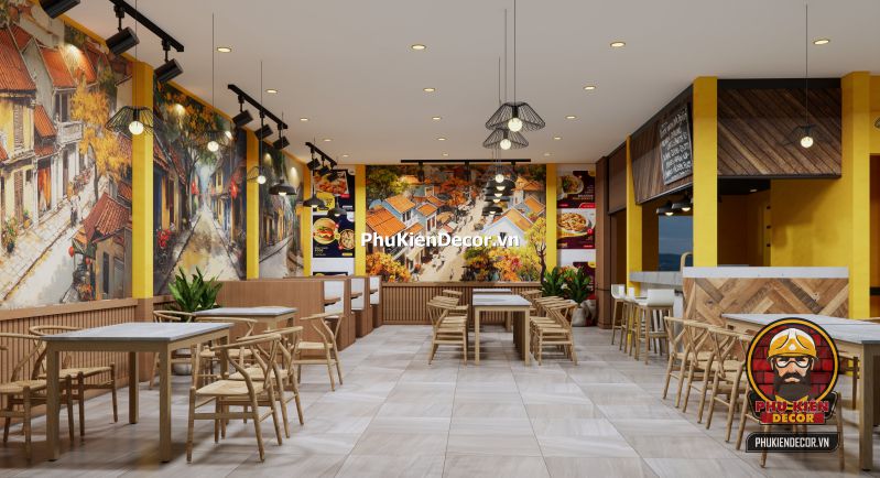 Hướng dẫn trang trí quán bún đậu mắm tôm Hà Nội Thiết kế nội thất quán ăn miền Bắc với vật liệu mộc mạc, bức tranh cổ và ánh sáng vàng nhẹ.