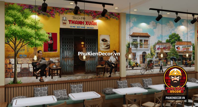 Mẫu thiết kế quán ăn phong cách Sài Gòn Tranh dán tường 3D phong cách Sài Gòn xưa, mang lại chiều sâu không gian cho quán ăn, tái hiện các khung cảnh cổ kính của thành phố.