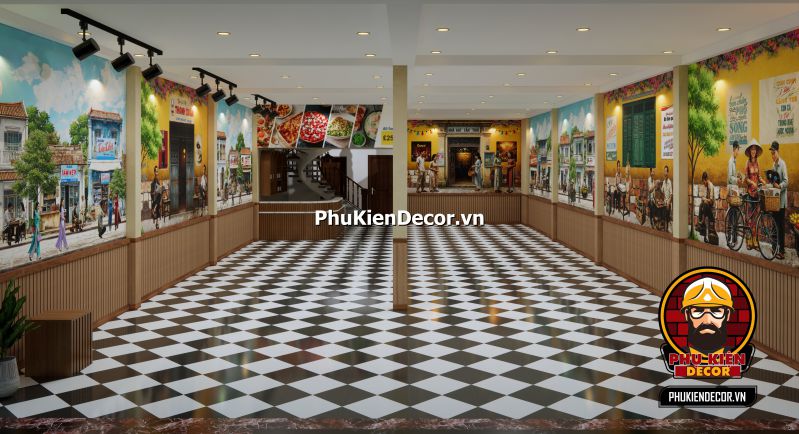 Mẫu thiết kế quán phong cách Sài Gòn xưa đẹp Tranh treo tường Sài Gòn xưa, tái hiện cảnh tượng các quầy hàng rong và cuộc sống nhộn nhịp của người dân Sài Gòn.