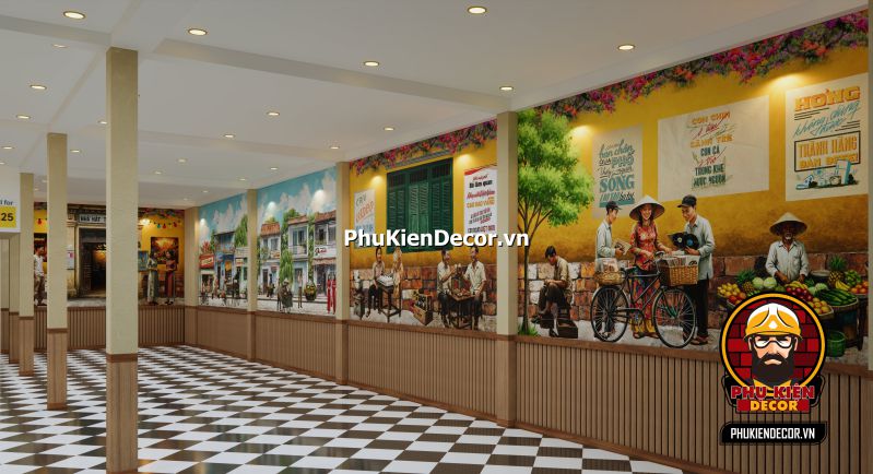 Cách trang trí quán ăn Sài Gòn xưa Tranh Sài Gòn xưa, cảnh sinh hoạt đời thường như các tiệm bánh mì, quán ăn sáng trong thành phố.