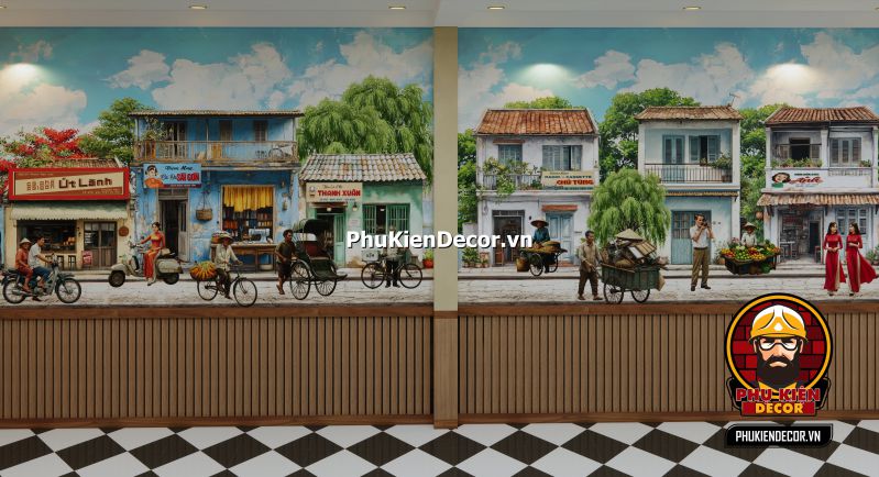Tranh 3D phong cảnh Sài Gòn hoài cổ Tranh 3D phong cảnh Sài Gòn hoài cổ, với các chi tiết về nhà cổ, xe lam, và các hoạt động trong thành phố xưa.