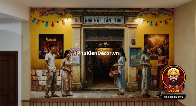 Mẫu thiết kế quán ăn phong cách Sài Gòn Tranh dán tường 3D phong cách Sài Gòn xưa, mang lại chiều sâu không gian cho quán ăn, tái hiện các khung cảnh cổ kính của thành phố.