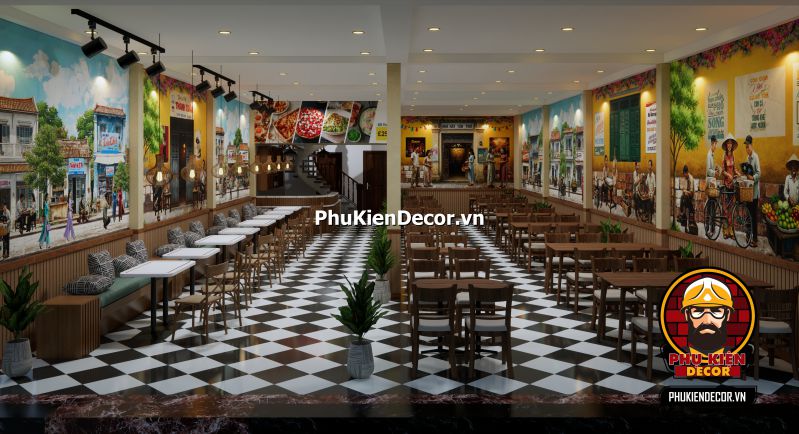 Mẫu thiết kế quán phong cách Sài Gòn xưa đẹp Tranh treo tường Sài Gòn xưa, tái hiện cảnh tượng các quầy hàng rong và cuộc sống nhộn nhịp của người dân Sài Gòn.