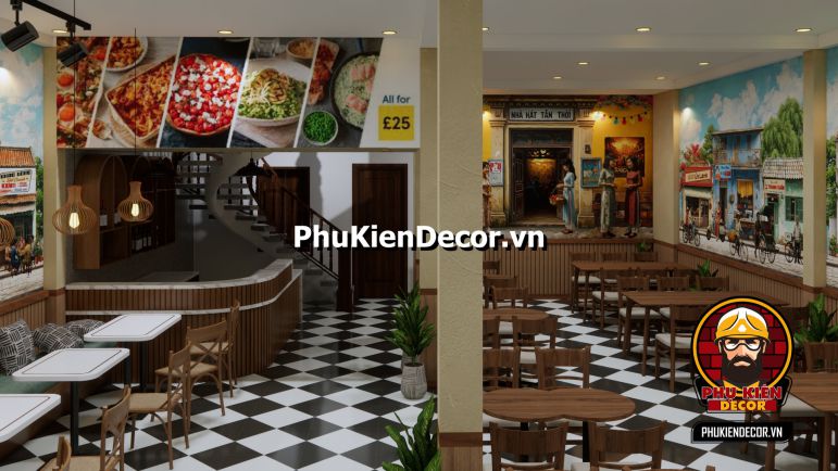 Cách trang trí quán ăn Sài Gòn xưa Tranh Sài Gòn xưa, cảnh sinh hoạt đời thường như các tiệm bánh mì, quán ăn sáng trong thành phố.