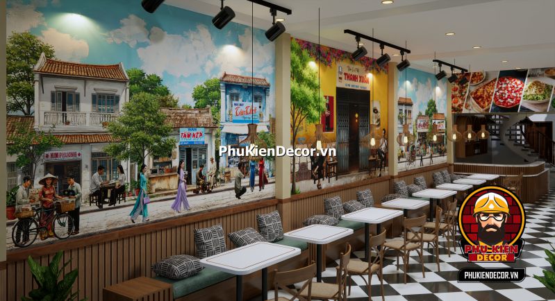 Mẫu thiết kế quán phong cách Sài Gòn xưa đẹp Tranh treo tường Sài Gòn xưa, tái hiện cảnh tượng các quầy hàng rong và cuộc sống nhộn nhịp của người dân Sài Gòn.