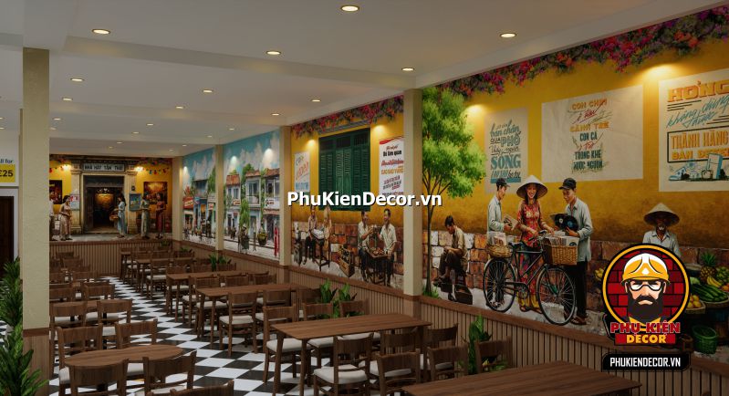 Mẫu thiết kế quán phong cách Sài Gòn xưa đẹp Tranh treo tường Sài Gòn xưa, tái hiện cảnh tượng các quầy hàng rong và cuộc sống nhộn nhịp của người dân Sài Gòn.