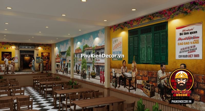 Mẫu thiết kế quán ăn phong cách Sài Gòn Tranh dán tường 3D phong cách Sài Gòn xưa, mang lại chiều sâu không gian cho quán ăn, tái hiện các khung cảnh cổ kính của thành phố.