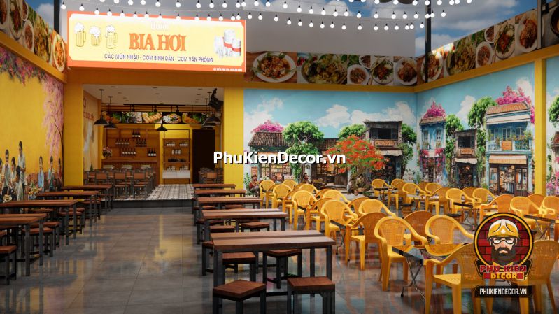 Mẫu thiết kế quán ăn Hà Nội độc đáo Mẫu thiết kế nội thất cho quán ăn lấy cảm hứng từ Hà Nội xưa, sử dụng vật liệu tre nứa và tranh cổ