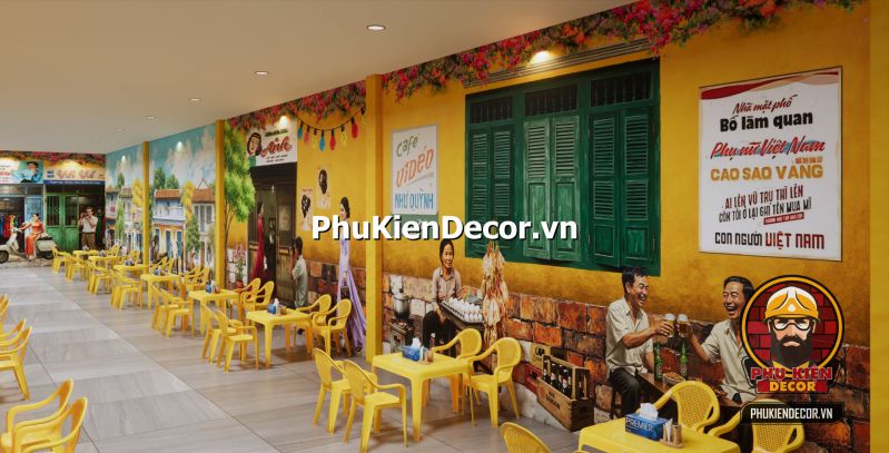 Cách trang trí quán ăn dân dã Sài Gòn Tranh 3D về quán ăn vỉa hè Sài Gòn xưa, với các hình ảnh người dân ngồi ăn uống ngoài phố dưới mái hiên.