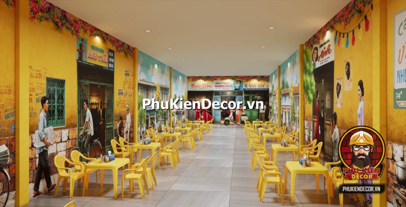 Cách trang trí quán ăn dân dã Sài Gòn Tranh 3D về quán ăn vỉa hè Sài Gòn xưa, với các hình ảnh người dân ngồi ăn uống ngoài phố dưới mái hiên.