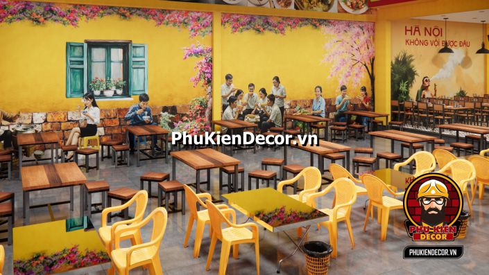 Mô hình trang trí quán vỉa hè Sài Gòn Tranh quán ăn vỉa hè Sài Gòn xưa, mang đến hình ảnh người dân ngồi ăn uống trên những chiếc ghế nhỏ ngoài phố