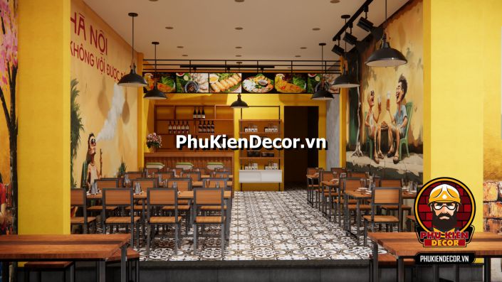 Cách trang trí quán ăn bình dân Sài Gòn Tranh quán ăn vỉa hè Sài Gòn xưa, mang đến hình ảnh người dân ngồi ăn uống trên những chiếc ghế nhỏ ngoài phố.