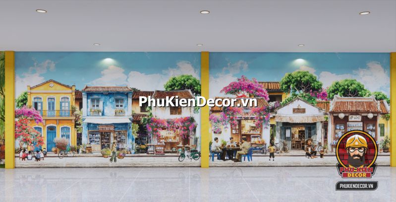 Mẫu tranh dán tường chủ đề Hà Nội Tranh Quán Bún Đậu Mắm Tôm tái hiện khung cảnh gánh hàng rong và quán nhỏ đầu ngõ với bàn ghế thấp và mẹt đựng bún.