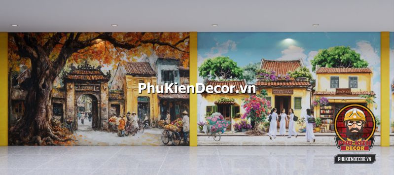 Mẫu tranh dán tường chủ đề Hà Nội Tranh Quán Bún Đậu Mắm Tôm tái hiện khung cảnh gánh hàng rong và quán nhỏ đầu ngõ với bàn ghế thấp và mẹt đựng bún.