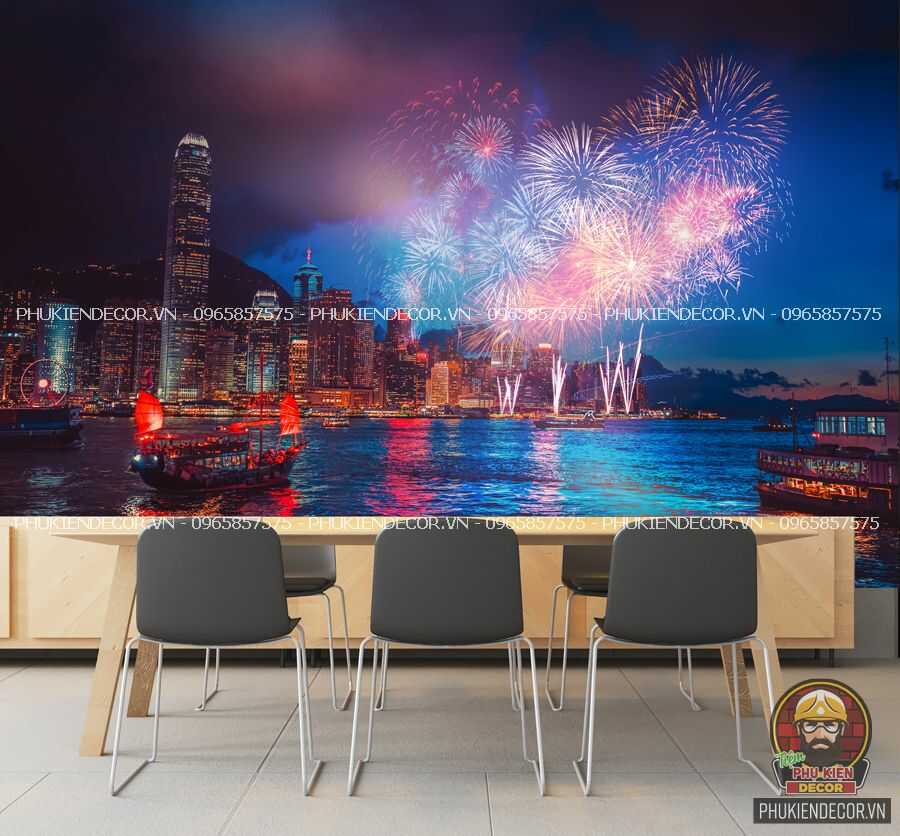 Mẫu tranh decal dán tường khổ lớn Phong cảnh Thành phố Hồng Kong Mẫu tranh decal dán tường khổ lớn Phong cảnh Thành phố Hồng Kong