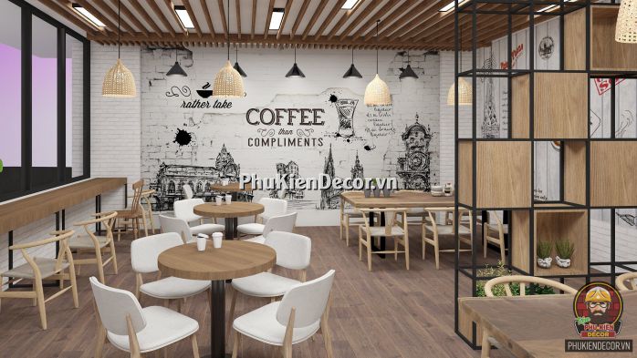 Mẫu tranh dán tường 3D Quán Cafe đương đại, tối giản, trắng đen Mẫu tranh dán tường 3D Quán Cafe đương đại, tối giản, trắng đen
