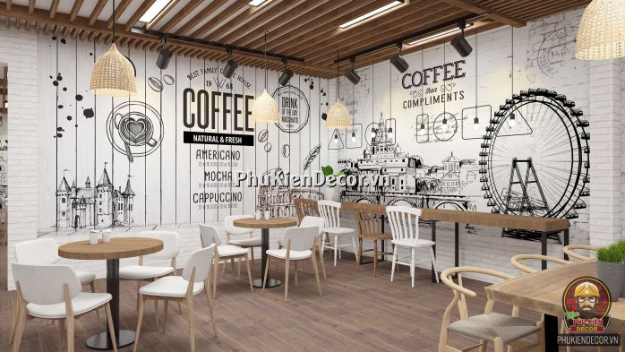 Mẫu tranh dán tường 3D Quán Cafe đương đại, tối giản, trắng đen Mẫu tranh dán tường 3D Quán Cafe đương đại, tối giản, trắng đen