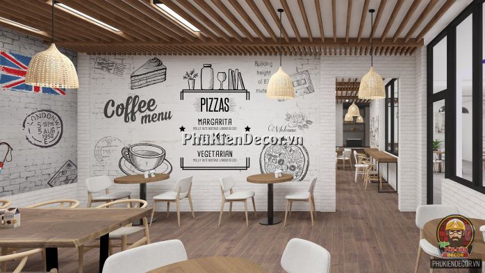 Mẫu tranh dán tường 3D Quán Cafe đương đại, tối giản, trắng đen Mẫu tranh dán tường 3D Quán Cafe đương đại, tối giản, trắng đen