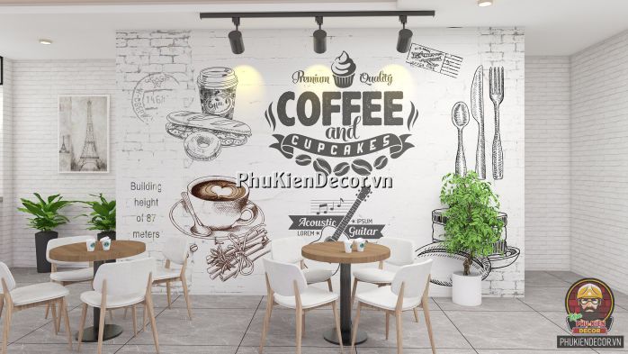 Mẫu tranh dán tường 3D Quán Cafe đương đại, tối giản, trắng đen Mẫu tranh dán tường 3D Quán Cafe đương đại, tối giản, trắng đen